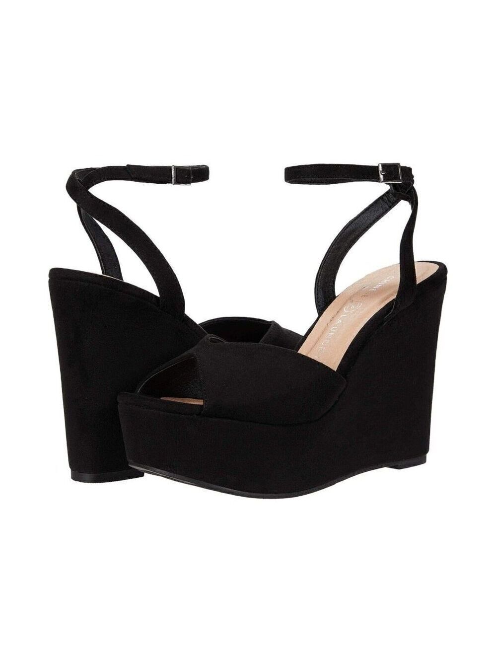 CHINESE Laundry "Erga" Wedge Suede Black Sandals Womens Size 8.5 New